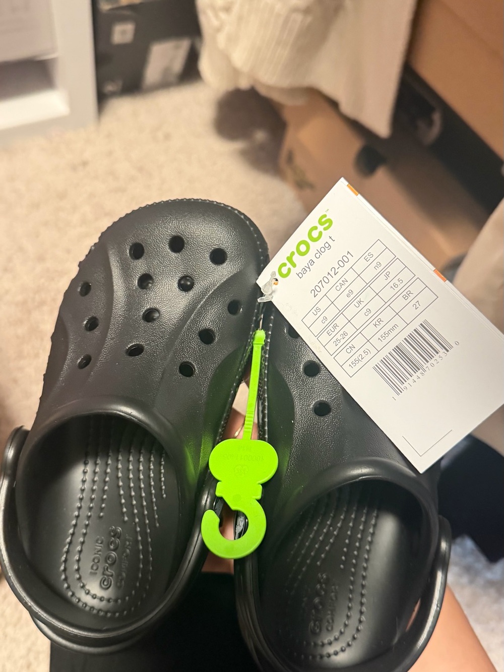 CROCS Kids Classic Clog in Black with Neon Green Charm